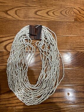 Multi-Strand White Beaded Necklace with Wood Accents